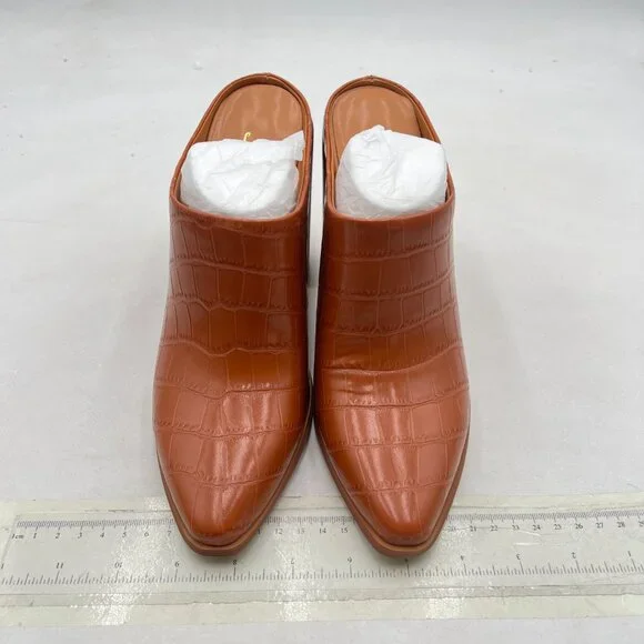 FOWT Crocodile Brown Pointed Toe Slip On Mules Stacked Block High Heel Sandal - Picture 3 of 8